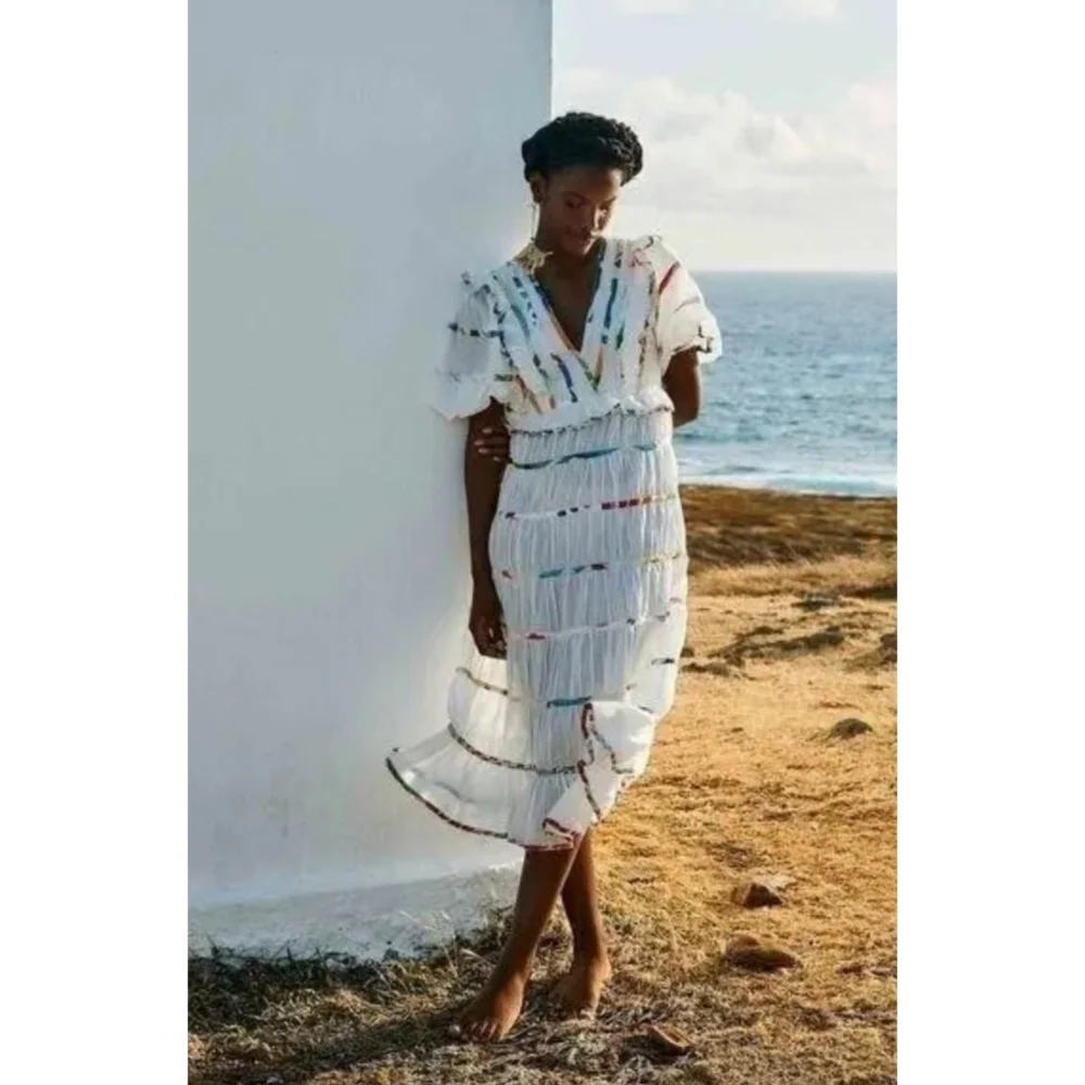Farm Rio | Mixed Off-White Prints Midi Tiered Dress White Rainbow Size Large - Picture 2 of 14